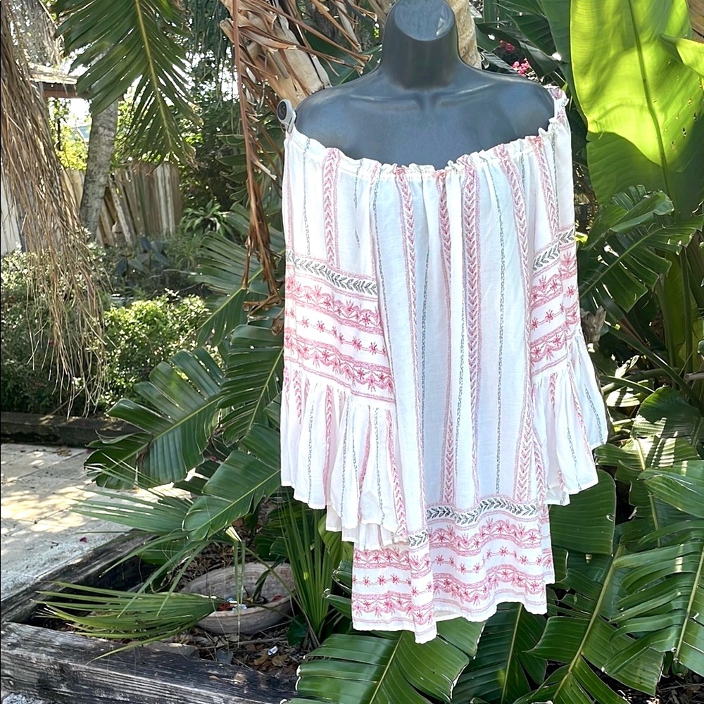 Elan off the shoulder, ruffled statement sleeve striped top
